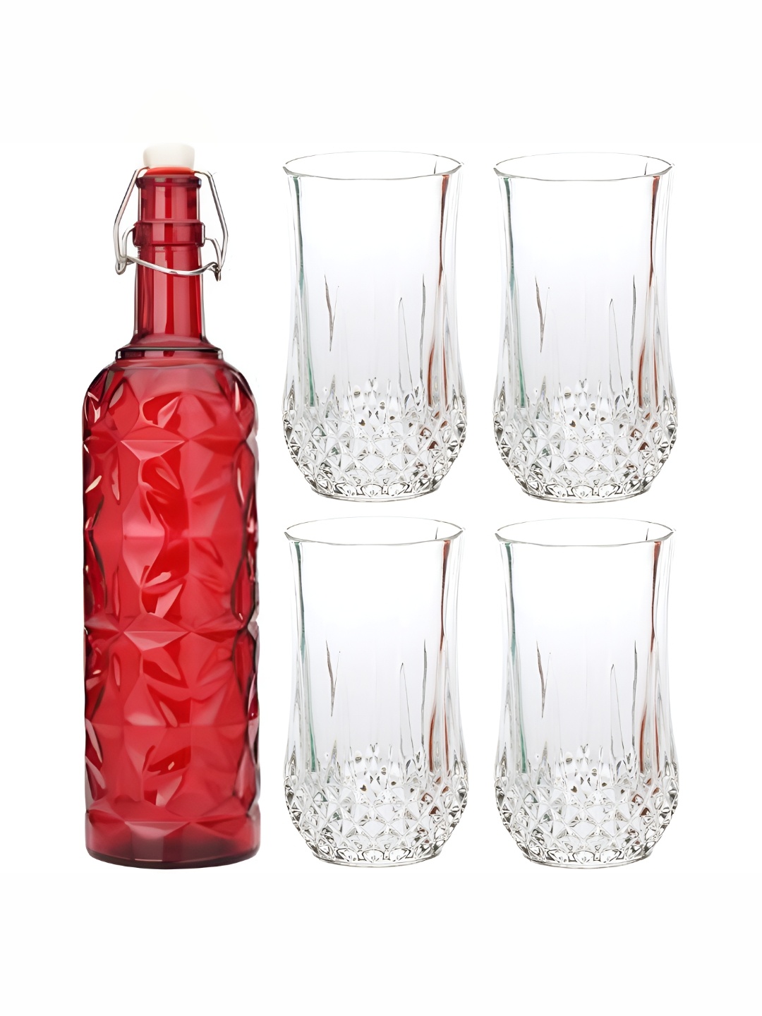 

1ST TIME Red & Transparent 5 Pieces Textured Bottle & Glasses Set