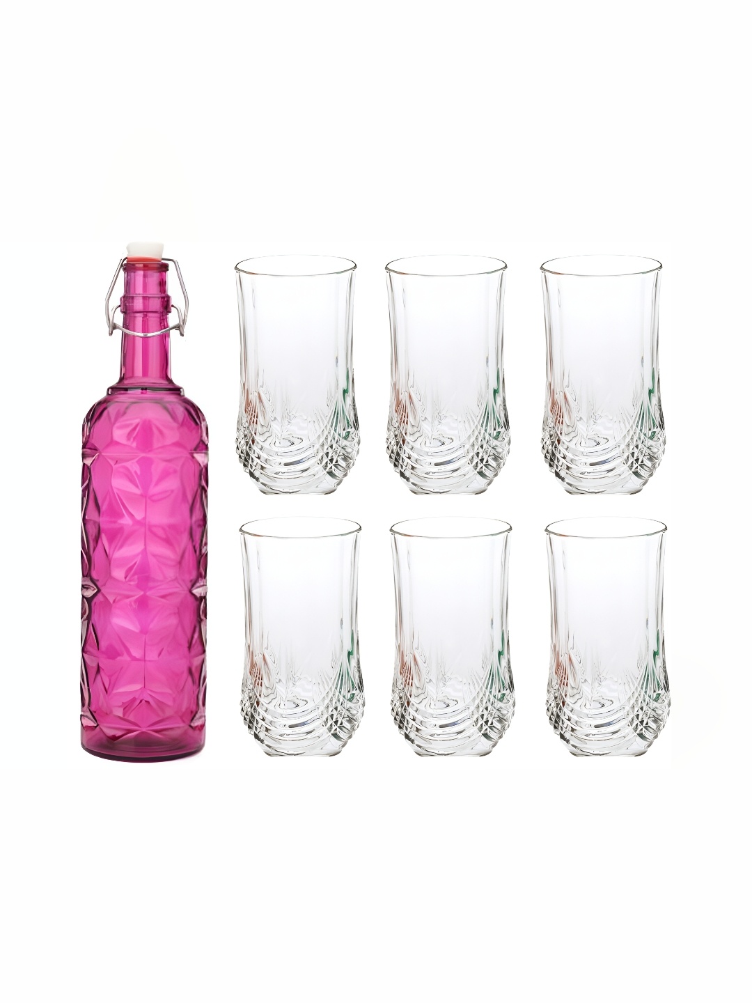 

1ST TIME Pink & Transparent 7 Pieces Textured Glass Dishwasher Safe Water Bottle & Glasses