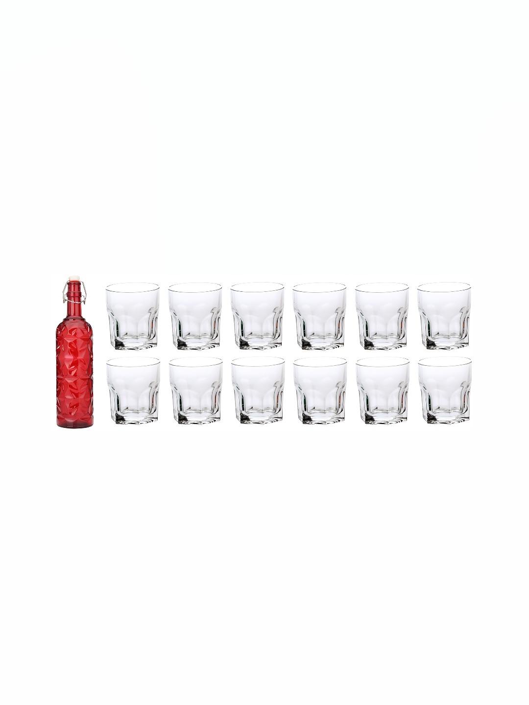 

1ST TIME Red & Transparent 13 Pieces Textured Glass Dishwasher Safe Water Bottle & Glasses