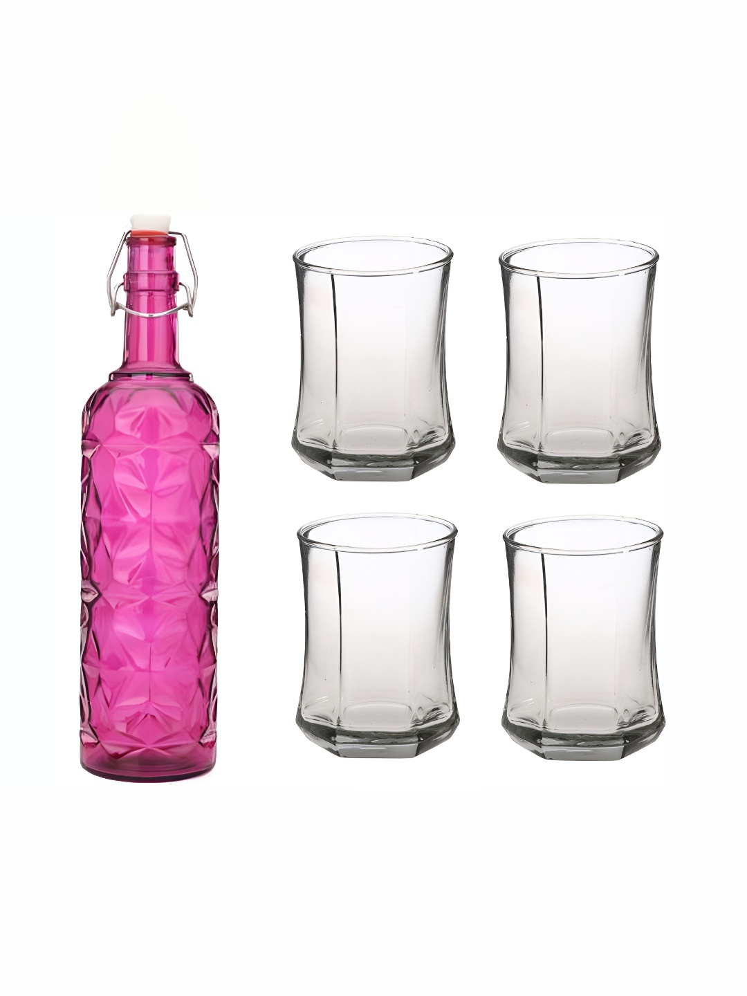 

1ST TIME Pink & Transparent 5 Pieces Textured Glass Dishwasher Safe Water Bottle & Glasses