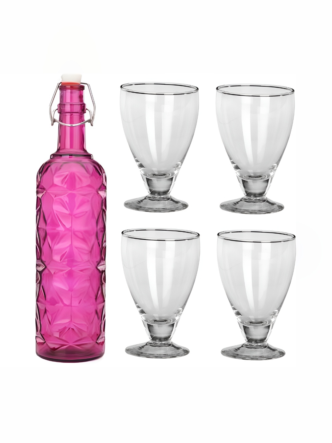 

1ST TIME Pink & Transparent 5Pcs Textured Glass Easy to Handle Bottle & Glasses Set