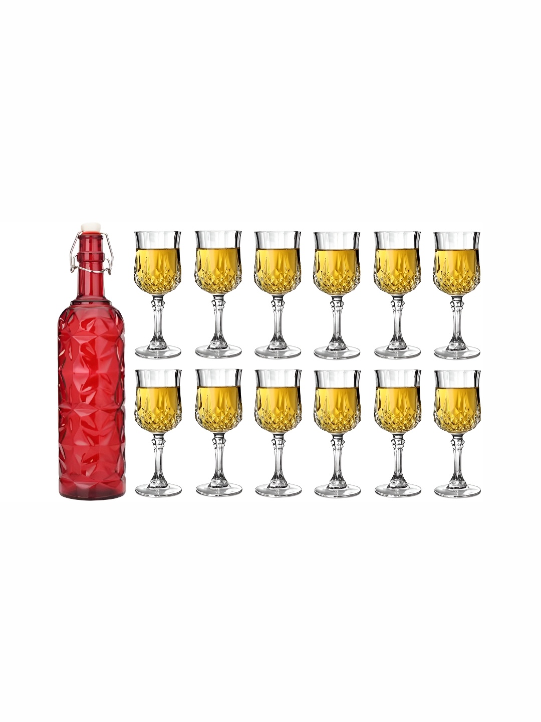 

1ST TIME Red & Transparent 13Pcs Textured Glass Easy to Handle Bottle & Glasses Set