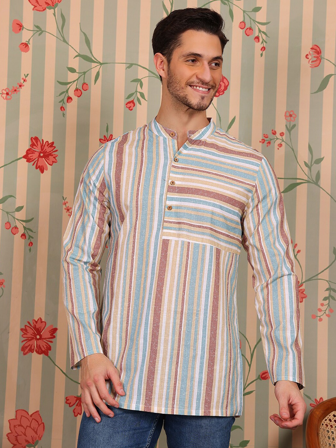 

Ode by House of Pataudi Striped Mandarin Collar Cotton Short Kurta, Brown
