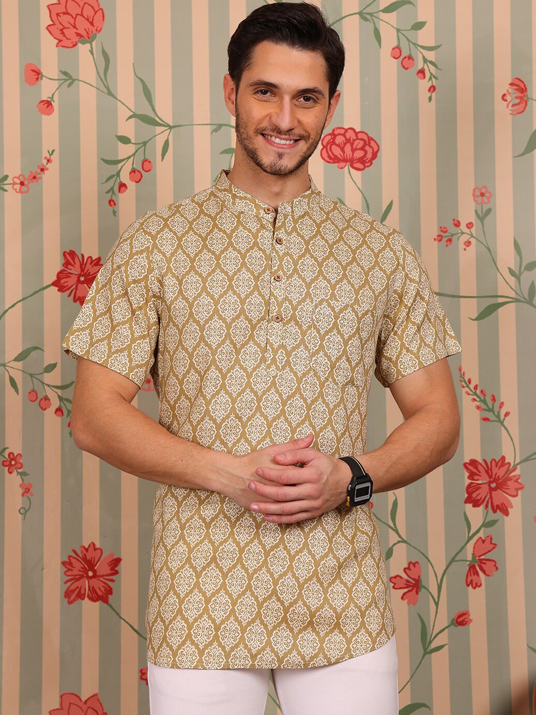 

Ode by House of Pataudi Ethnic Motifs Printed Short Kurta, Brown