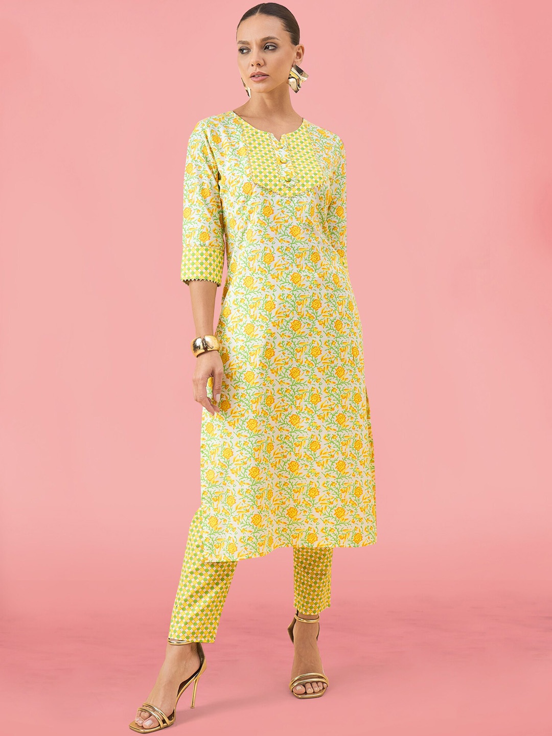 MAHALASA Women Floral Printed Regular Gotta Patti Kurta with Pyjamas, Yellow