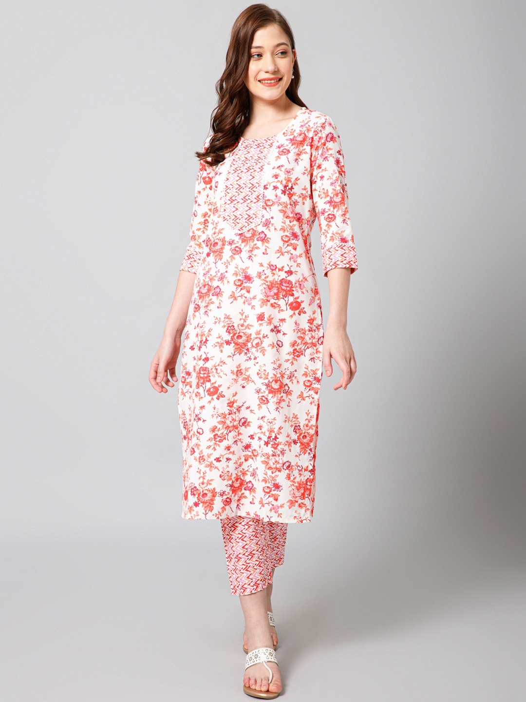 MAHALASA Women Floral Printed Regular Kurta with Trousers, White