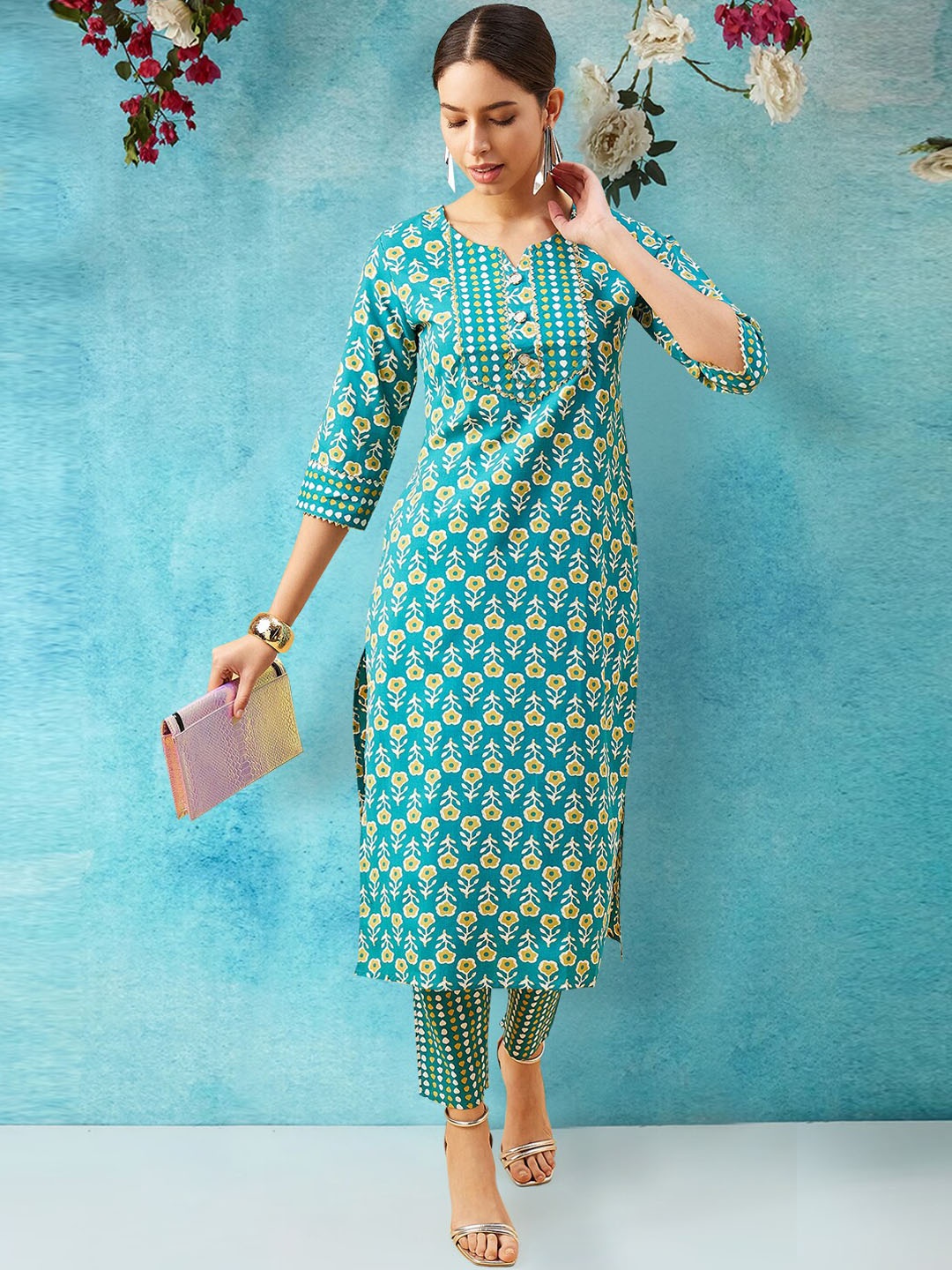 MAHALASA Women Ethnic Motifs Printed Regular Kurti with Trousers, Sea green