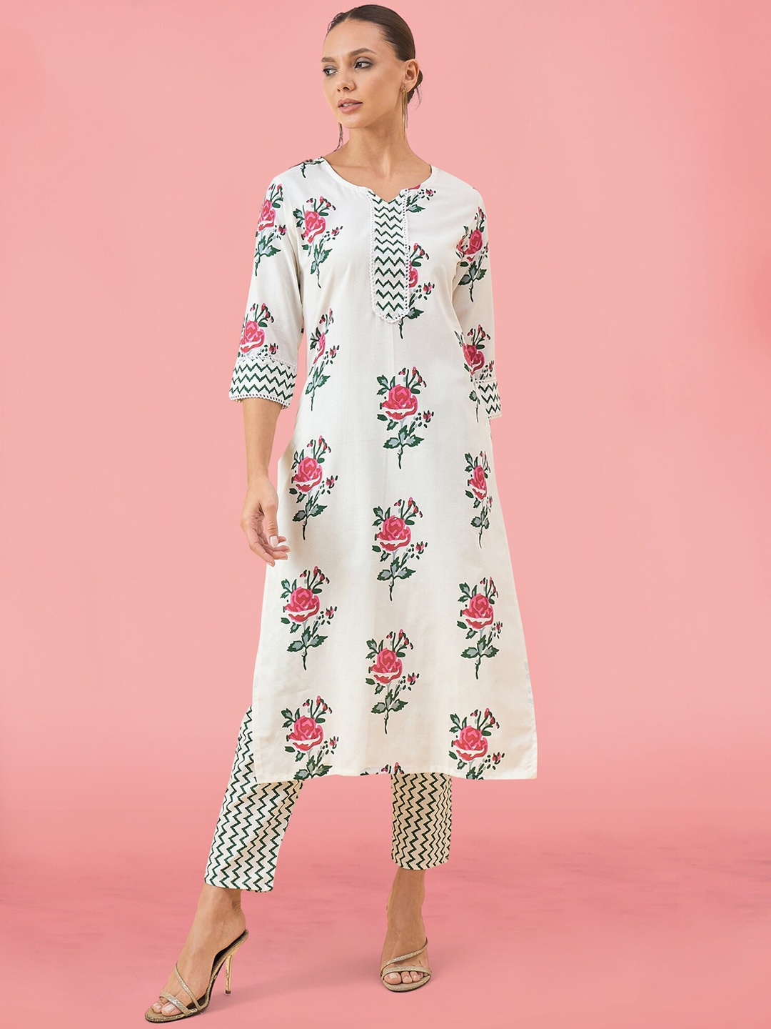 MAHALASA Women Floral Printed Regular Kurta with Trousers, White