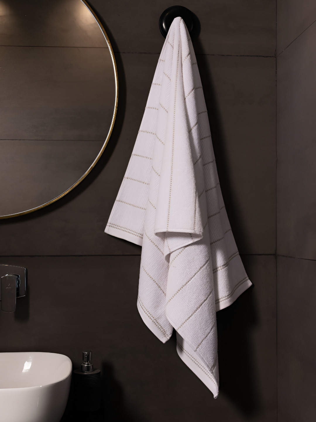 

HOUMN White & Beige 1 Striped Cotton 600 GSM Bath Towel