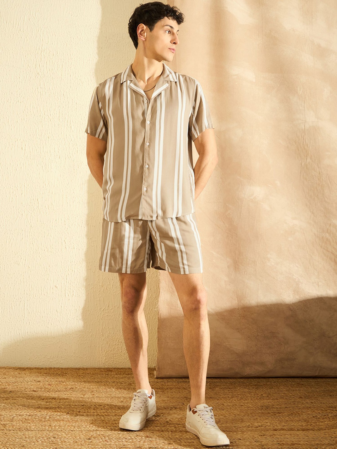 DENNISON Striped Shirt-Collar Shirt With Shorts Co-Ords, Beige