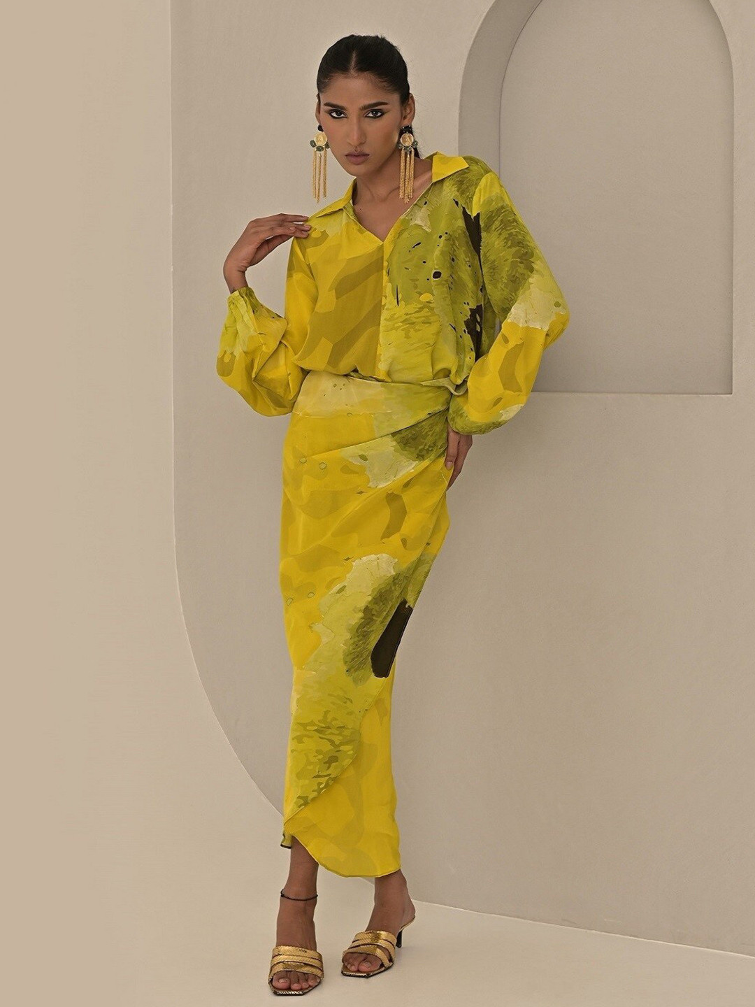 

MISSY Shirt Collar Floral Print Crepe Maxi Dress, Green