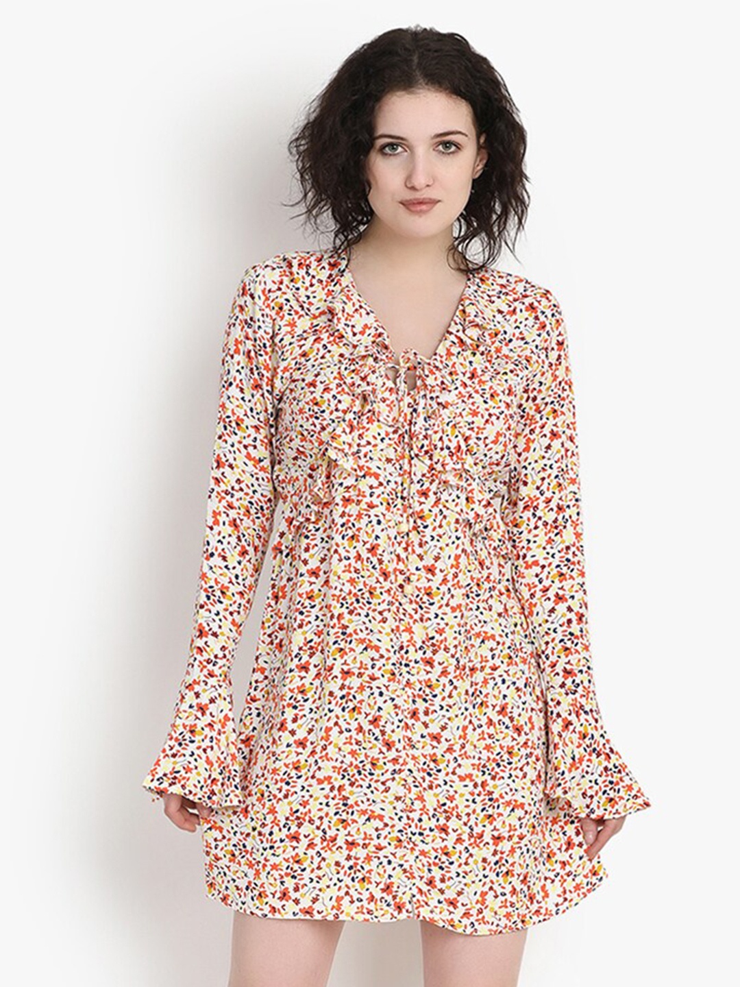 

putsum Floral Printed Bell Sleeve Ruffled A-Line Dress, White