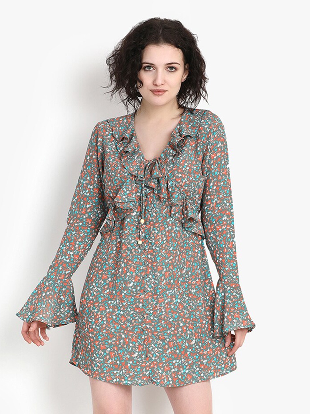 

putsum Floral Print Bell Sleeve Ruffled Fit & Flare Dress, Green