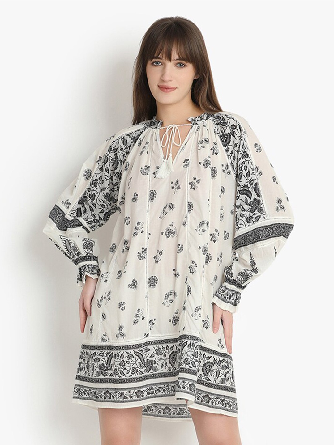 

putsum Ethnic Motifs Printed Puff Sleeve Cotton A-Line Dress, Beige