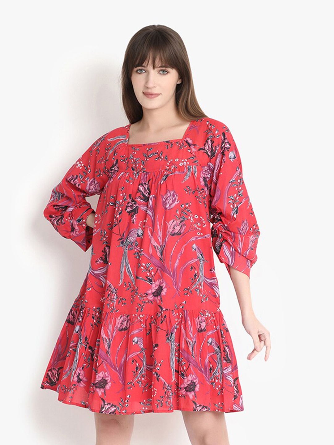 

putsum Floral Print Flared Sleeve Cotton A-Line Dress, Fuchsia