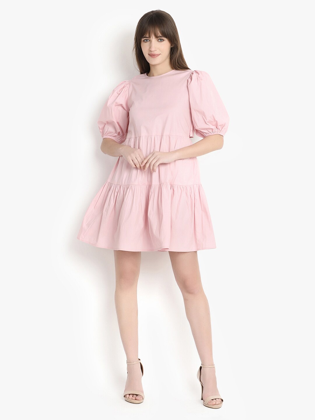 

putsum Puff Sleeve Cotton Fit & Flare Dress, Pink