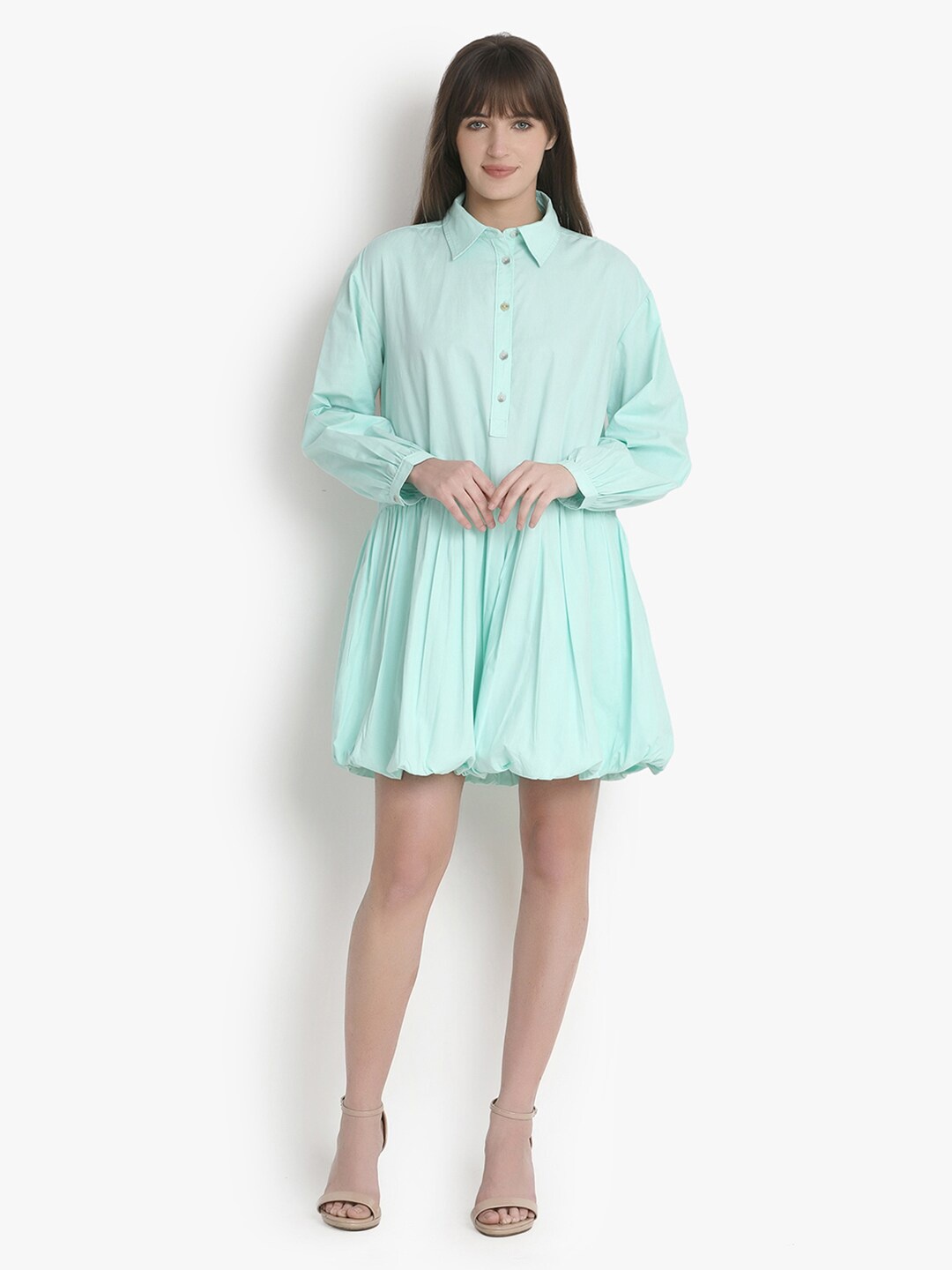 

putsum Shirt Collar Cotton Mini Dress, Green