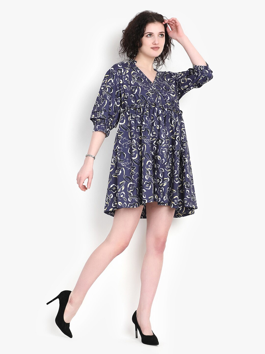 

putsum Floral Printed Ruffled Fit & Flare Mini Dress, Blue