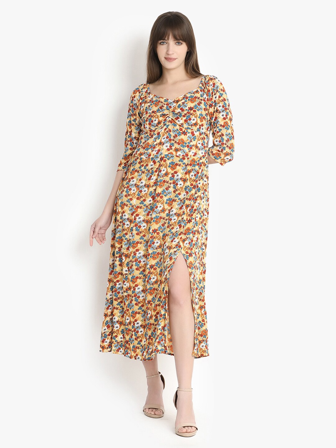 

putsum Floral Printed Fit & Flare Midi Dress, Yellow