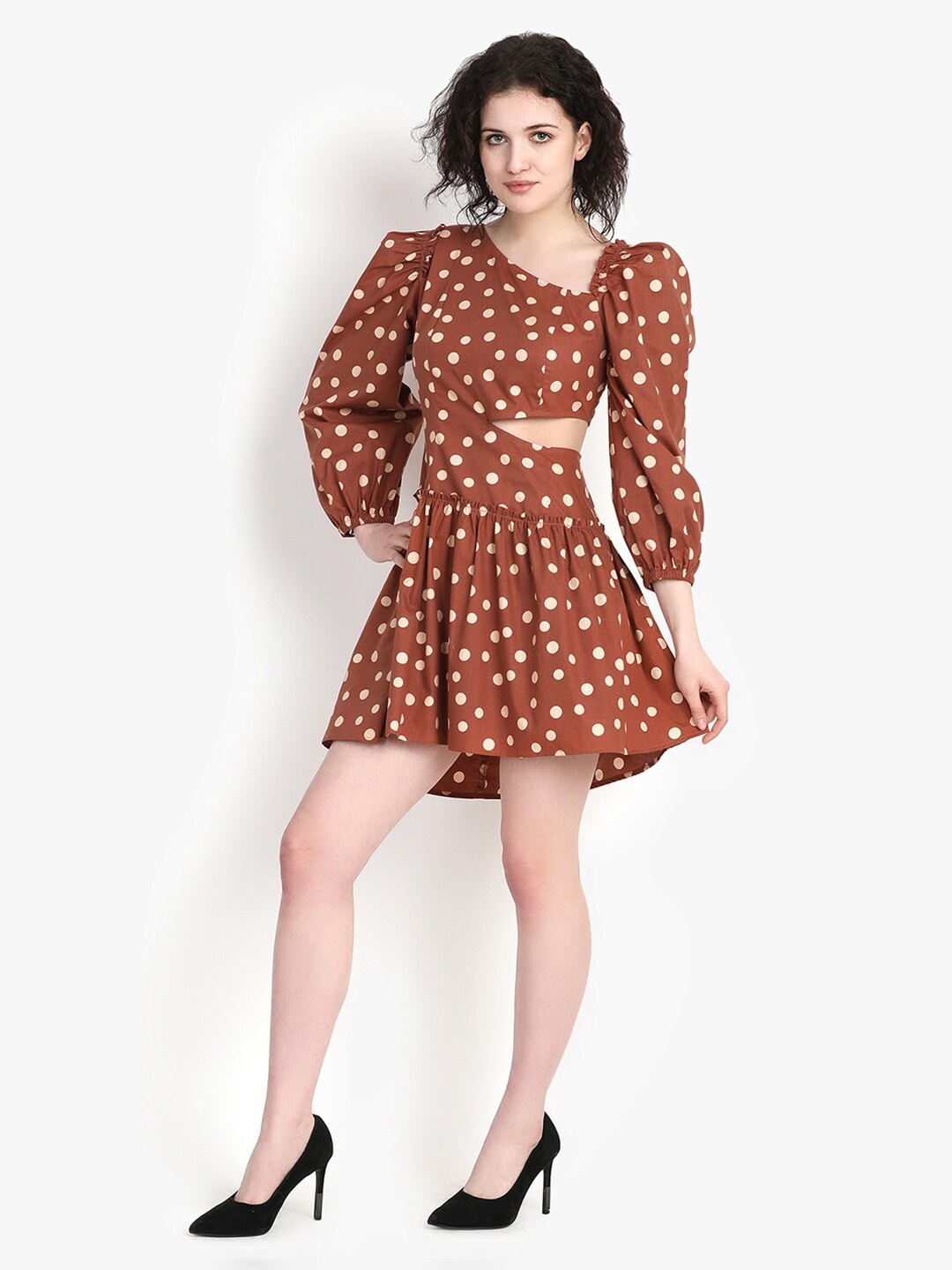 

putsum Polka Dot Print Puff Sleeve Fit & Flare Mini Dress, Brown