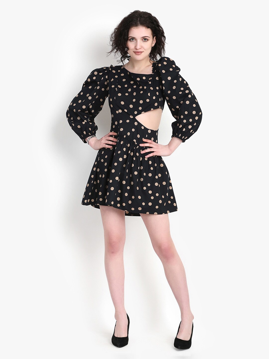 

putsum Polka Dot Print Fit & Flare Cotton Mini Dress, Black