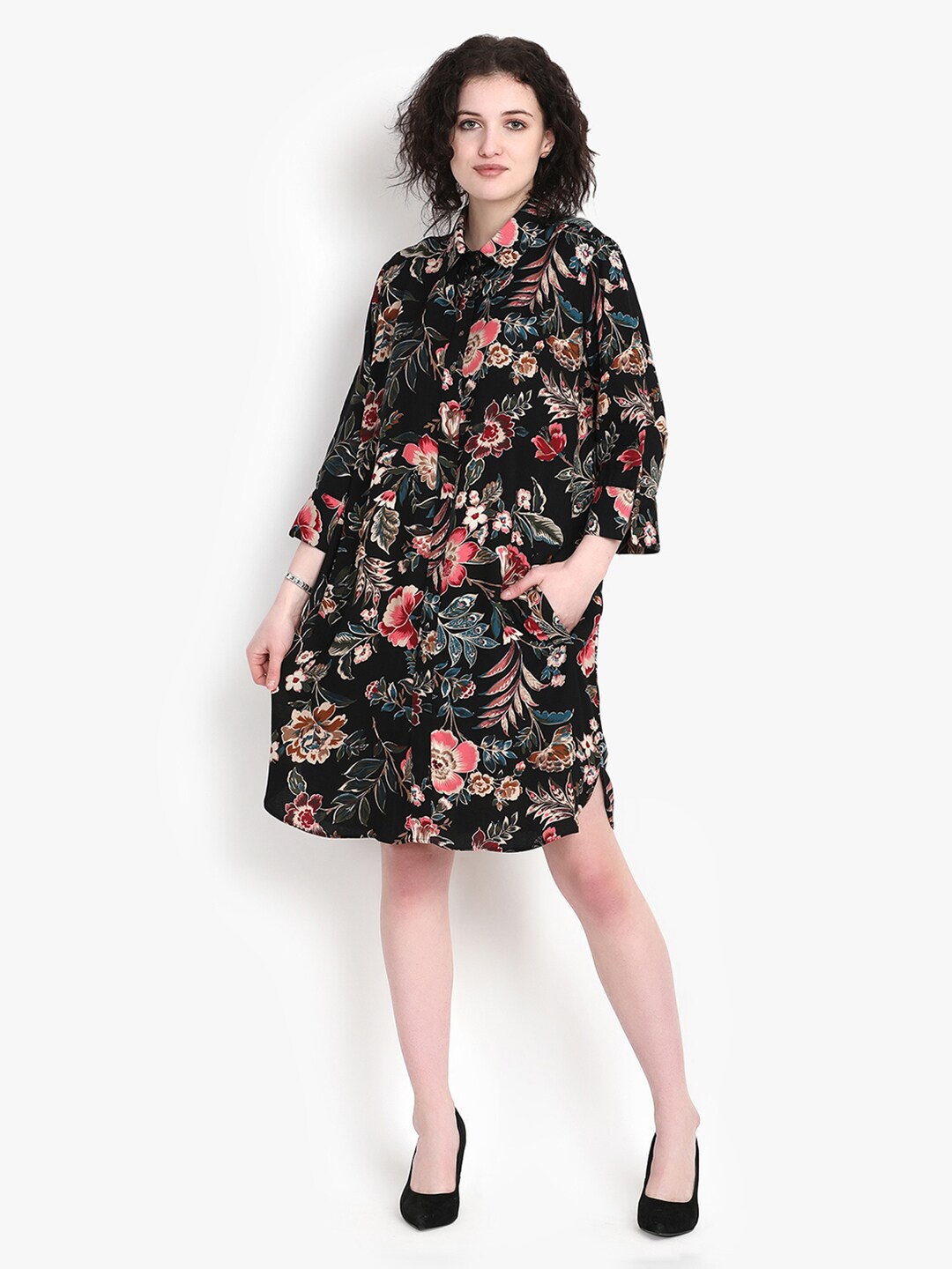 

putsum Floral Printed A-Line Dress, Black