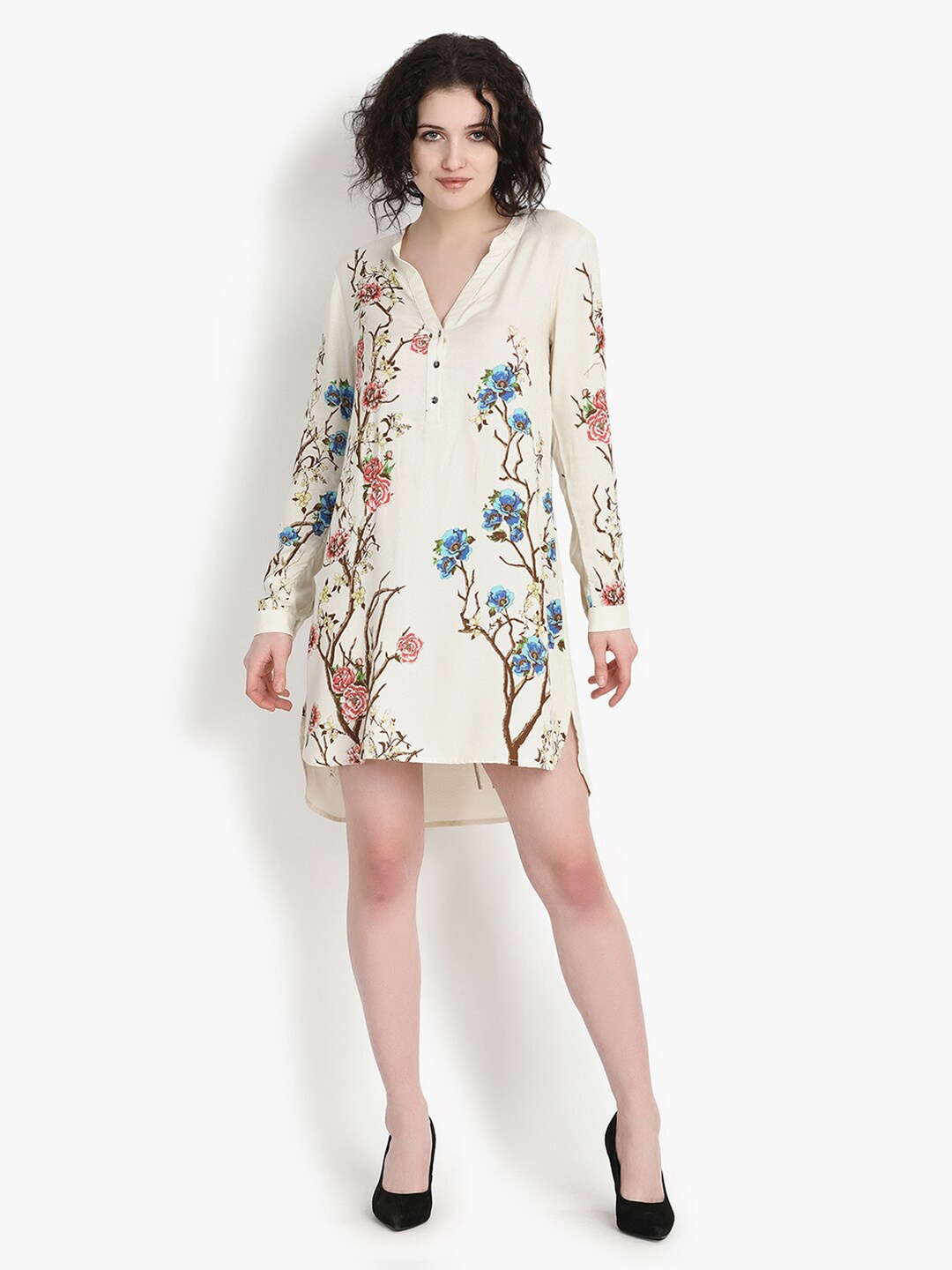 

putsum Floral Print Mandarin Collar A-Line Mini Dress, Beige