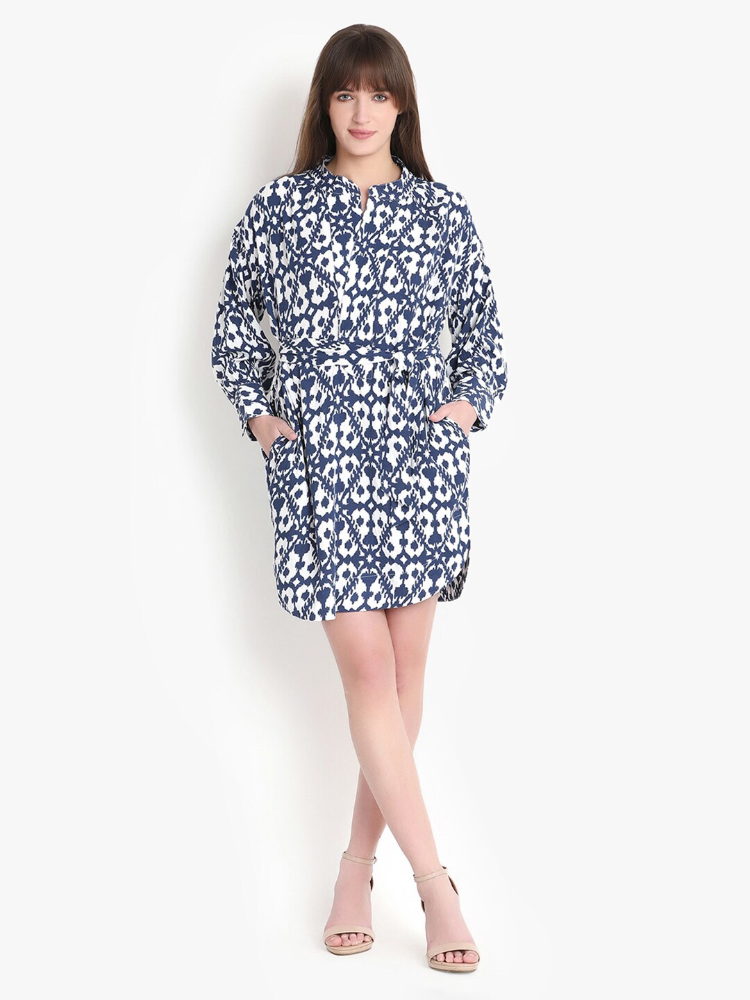 

putsum Printed Mandarin Collar A-Line Dress, Blue