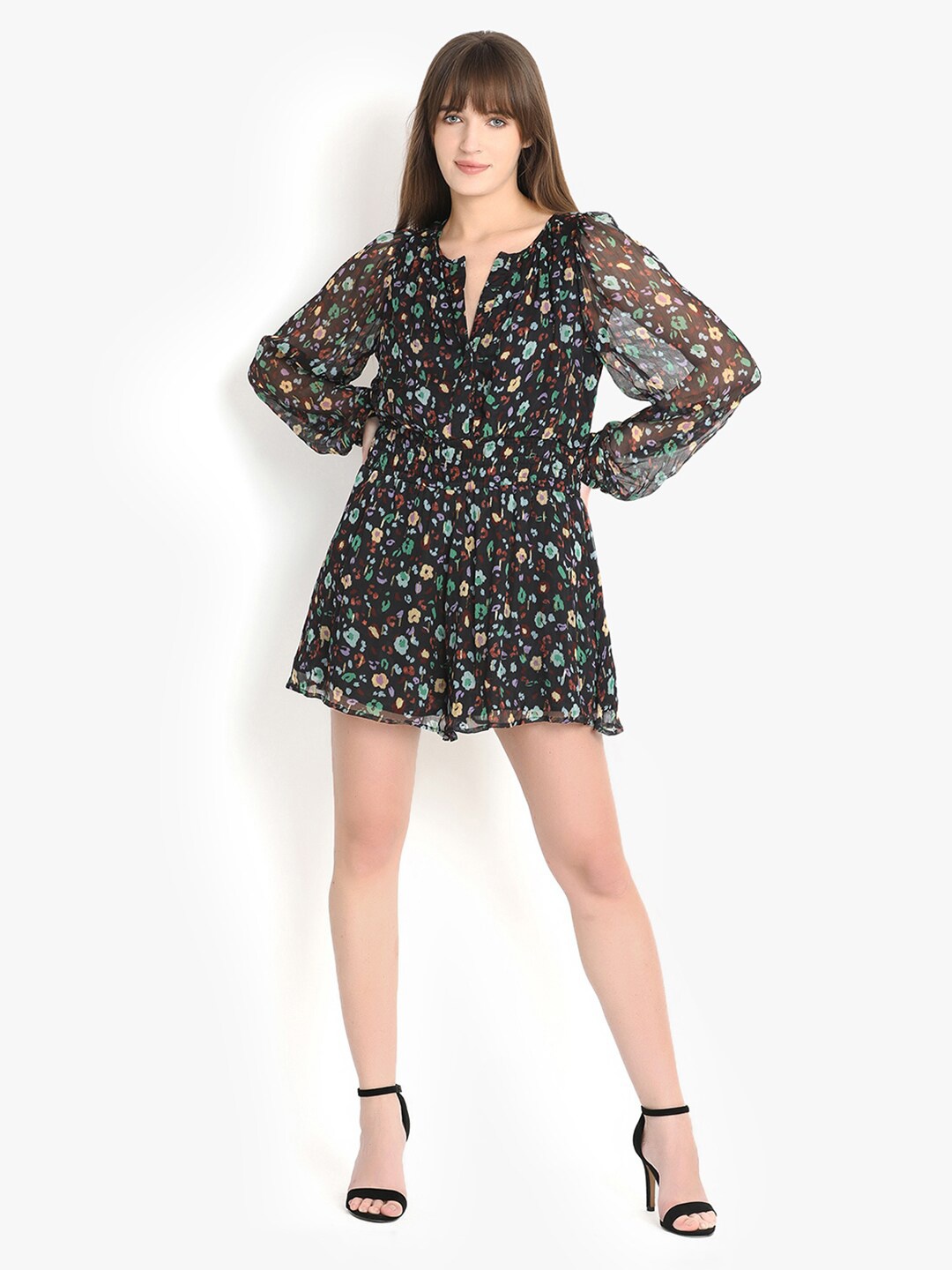 

putsum Floral Printed Chiffon Fit & Flare Mini Dress, Black