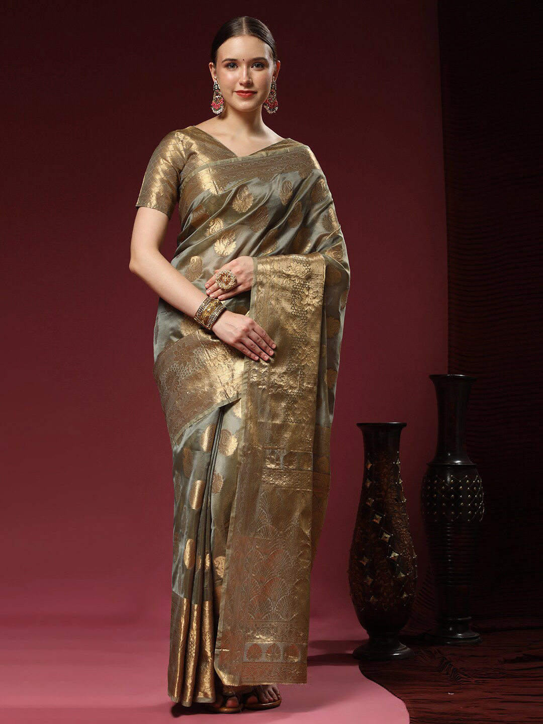 

MARGI DESIGNERS Ethnic Motifs Zari Organza Banarasi Saree, Grey