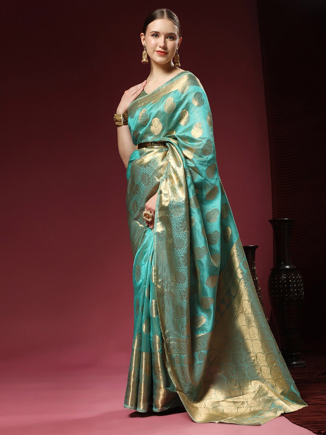 

MARGI DESIGNERS Ethnic Motifs Woven design Organza Banarasi Saree, Turquoise blue