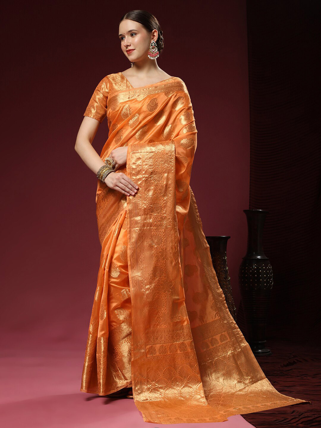 

MARGI DESIGNERS Ethnic MotifsOrganza Banarasi Saree, Orange