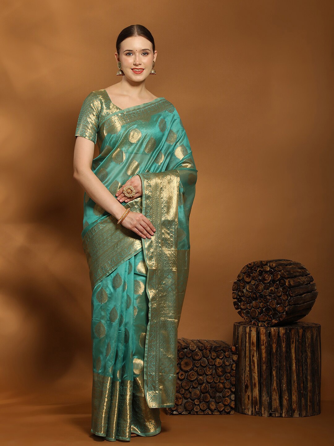 

MARGI DESIGNERS Ethnic Motifs Zari Organza Banarasi Saree, Turquoise blue