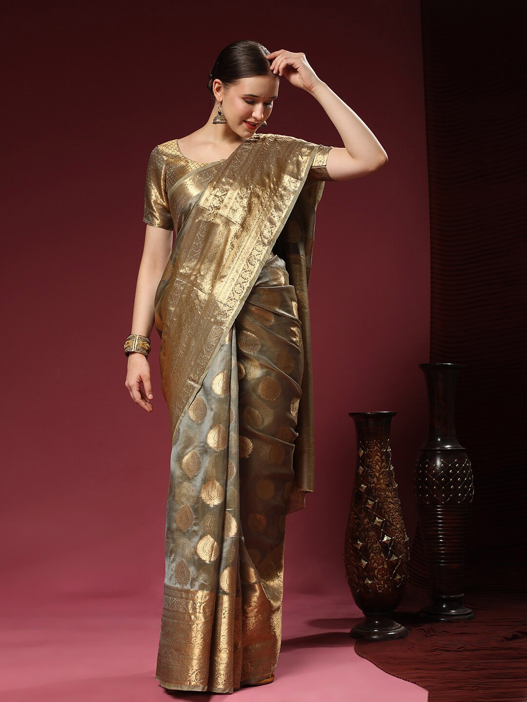 

MARGI DESIGNERS Ethnic Motifs Zari Organza Banarasi Saree, Grey