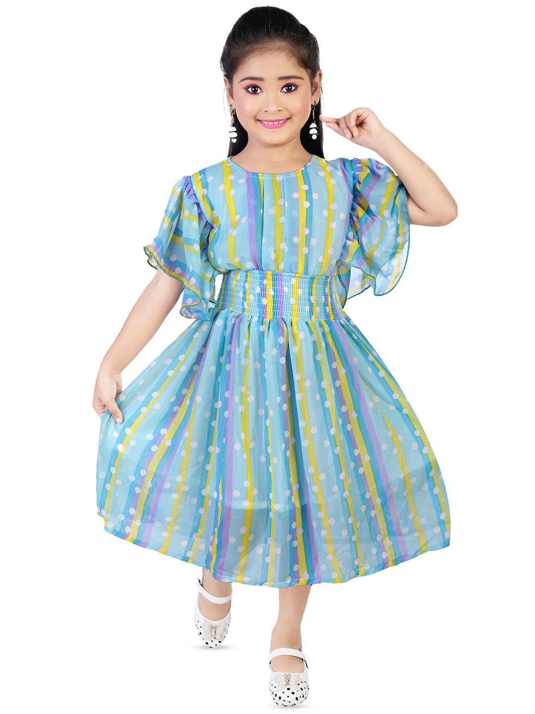 

BAESD Girls Print Flared Sleeves A-Line Midi Dress, Blue