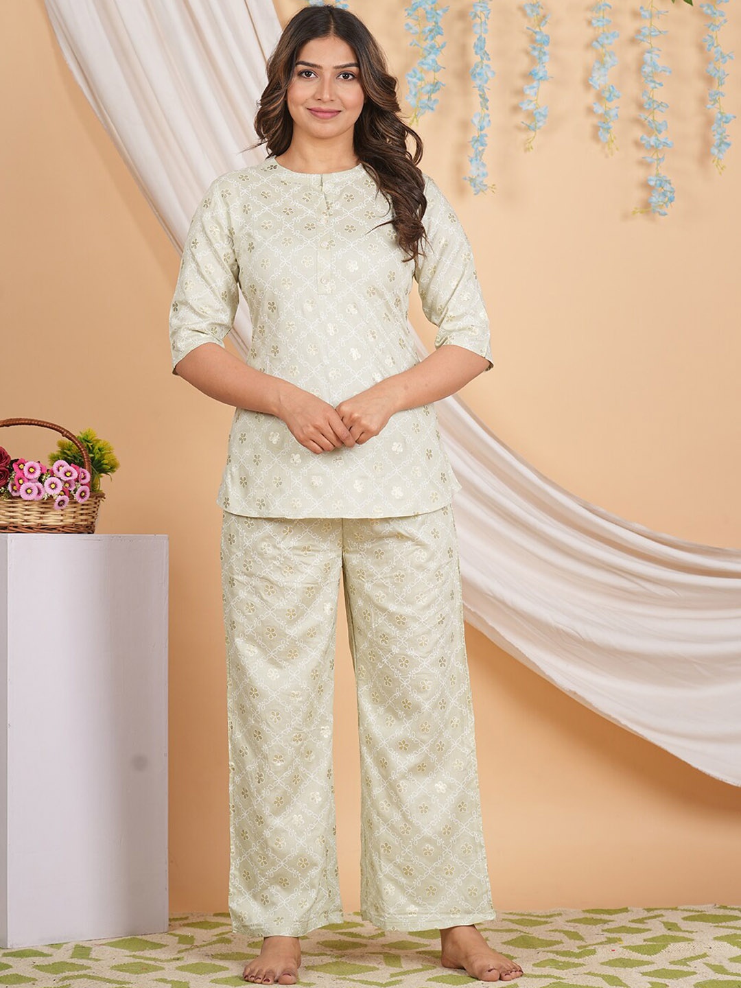 

RAJPUTANA CAMISA Floral Printed Night Suit, Sea green