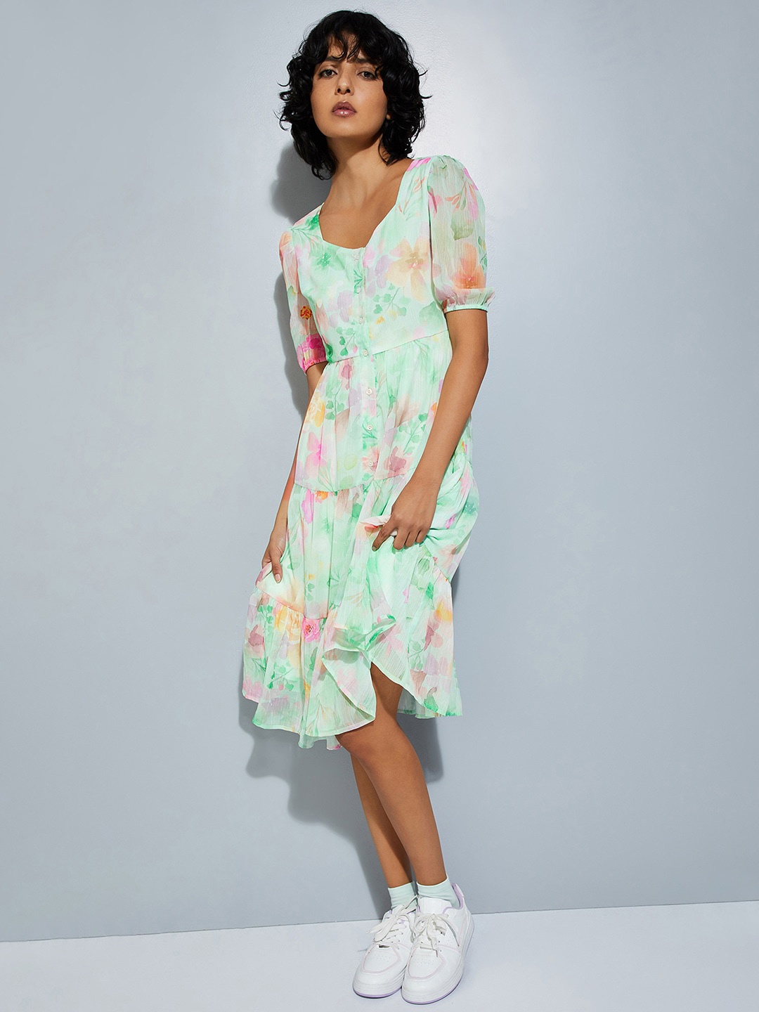 

max URB_N Women Printed Tiered Midi Dress, Green
