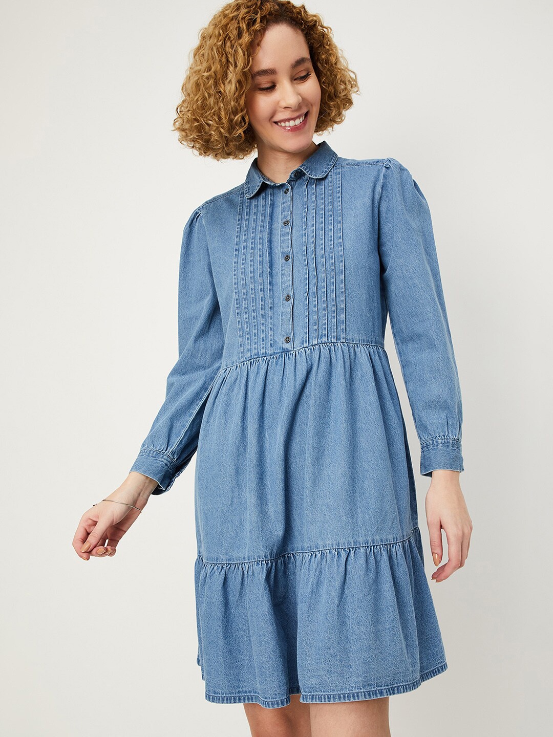 

max Shirt Collar Long Cuffed Sleeves Cotton Shirt Dress, Blue