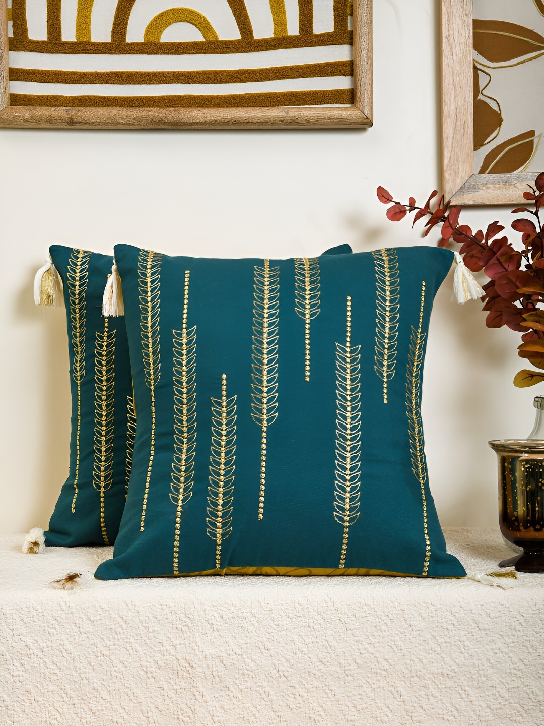 

TARAN LIVING Gold-Toned & Blue Set of 2 Embroidered Velvet Square Cushion Covers