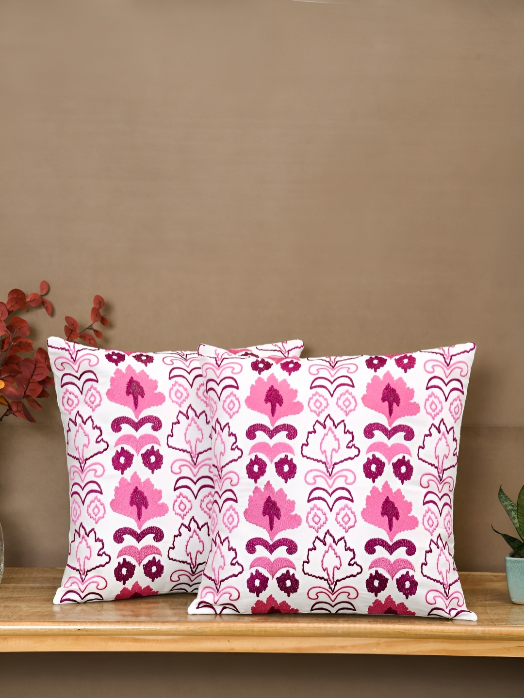 

Ratan Cart Off White & Pink Set of 2 Embroidered Square Cushion Covers