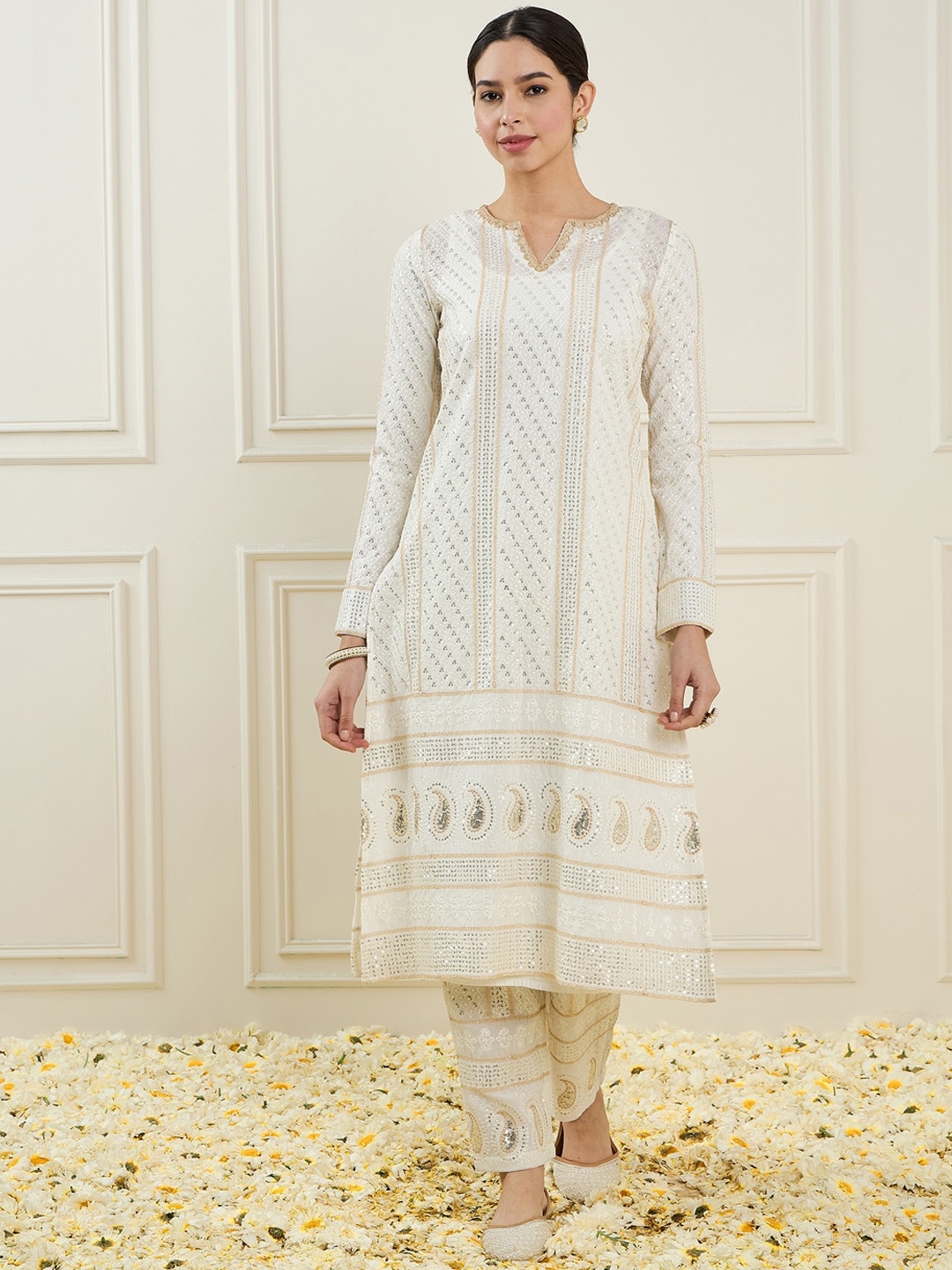

ADORNIA Women Embroidered Regular Sequinned Kurta with Trousers, White