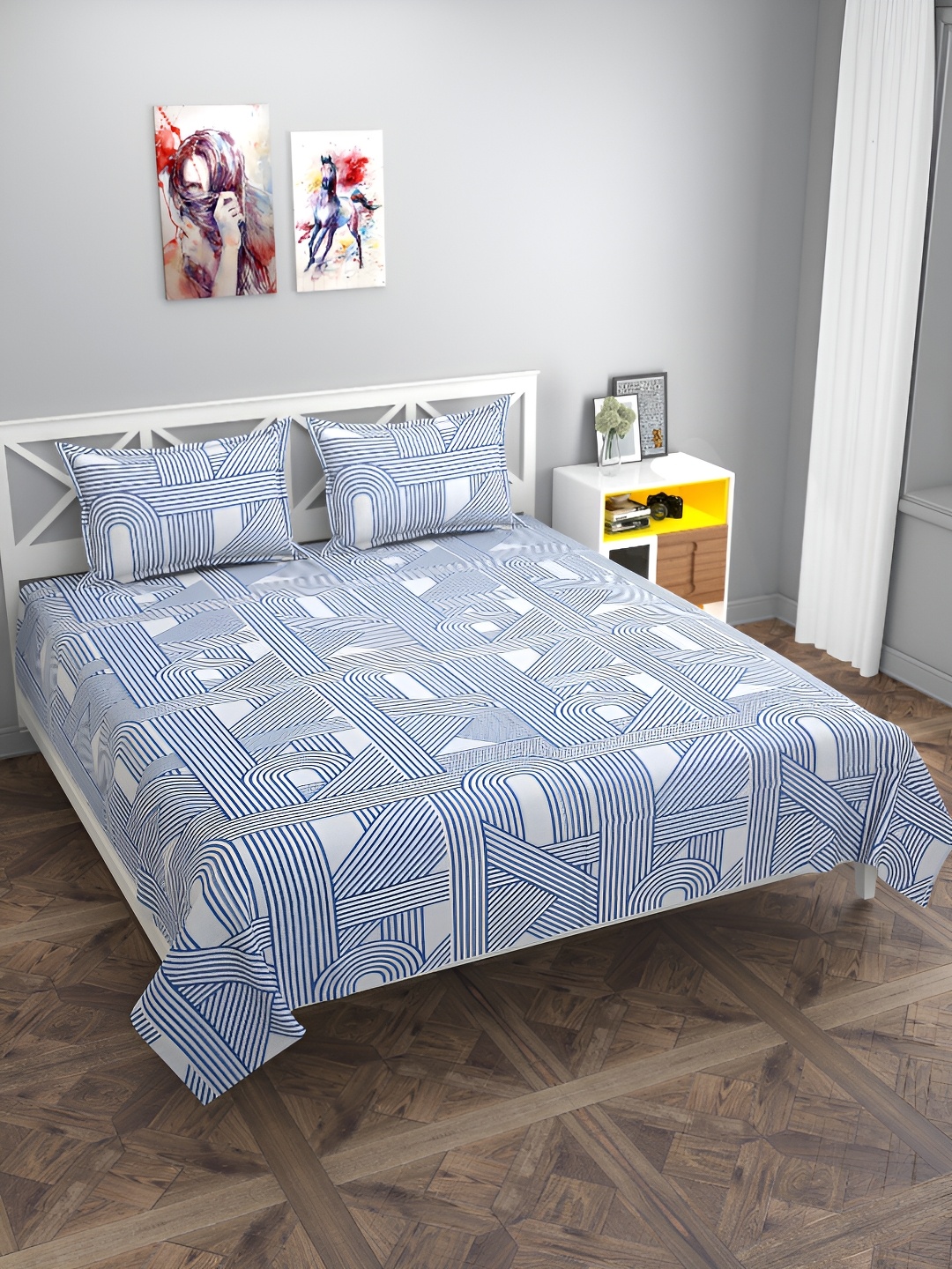

MULTITEX Blue & White Geometric 250 TC Queen Bedsheet with 2 Pillow Covers