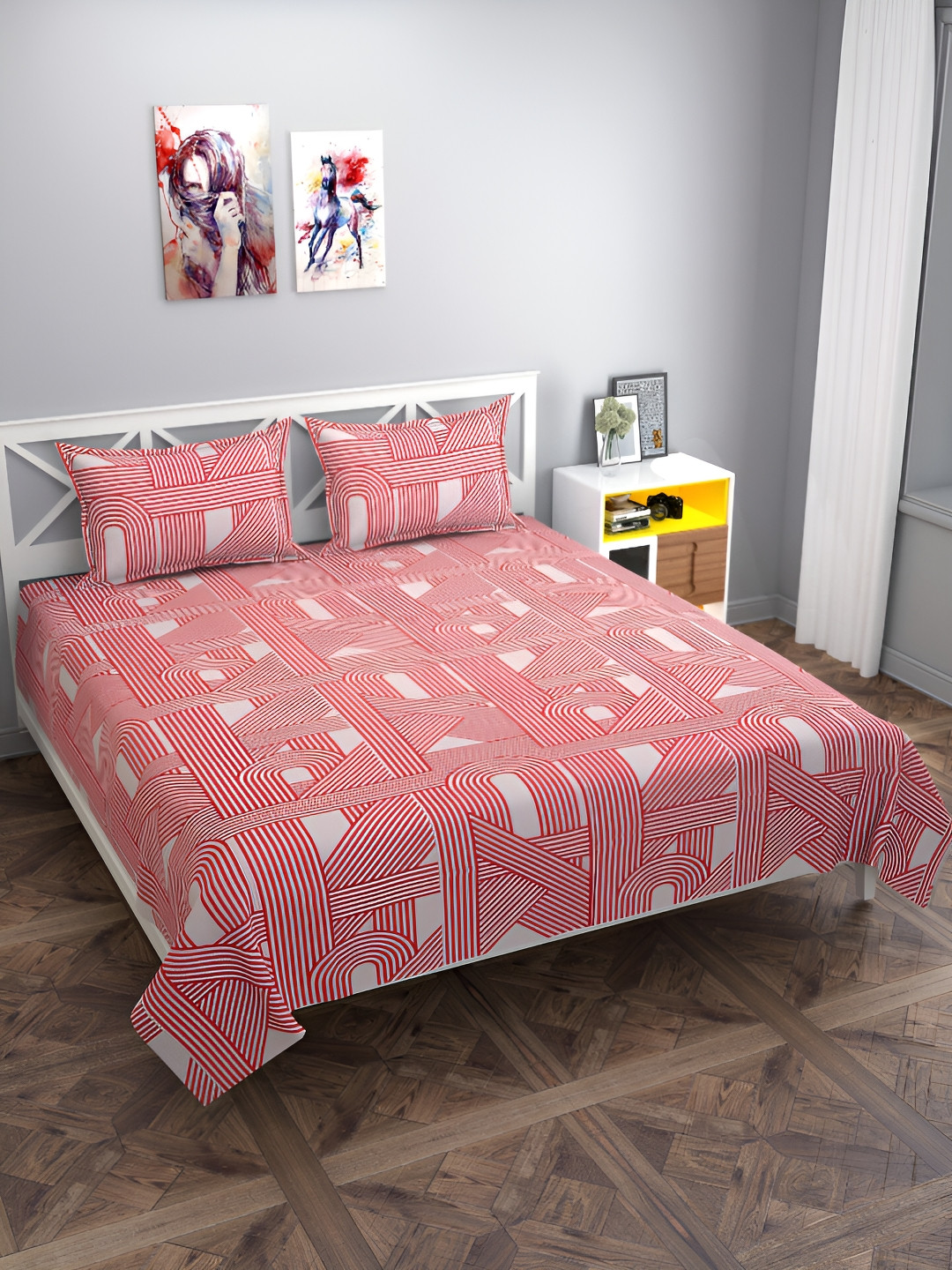 

MULTITEX Peach-Coloured & White Striped 250 TC Queen Bedsheet with 2 Pillow Covers