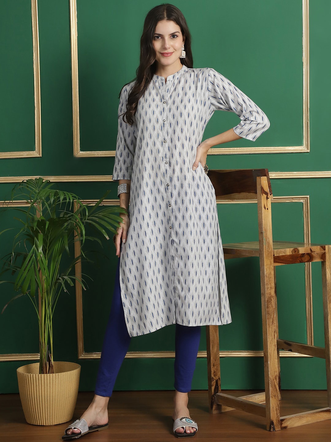 

Grancy Geometric Printed Mandarin Collar Flared Gotta Patti Cotton A-Line Kurta, Turquoise blue