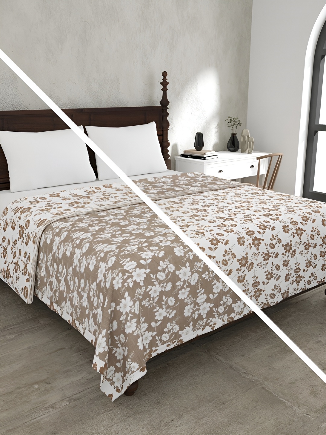 

JAIPUR FABRIC White & Brown Floral Cotton 4 Piece Double King Fine Bedding Set