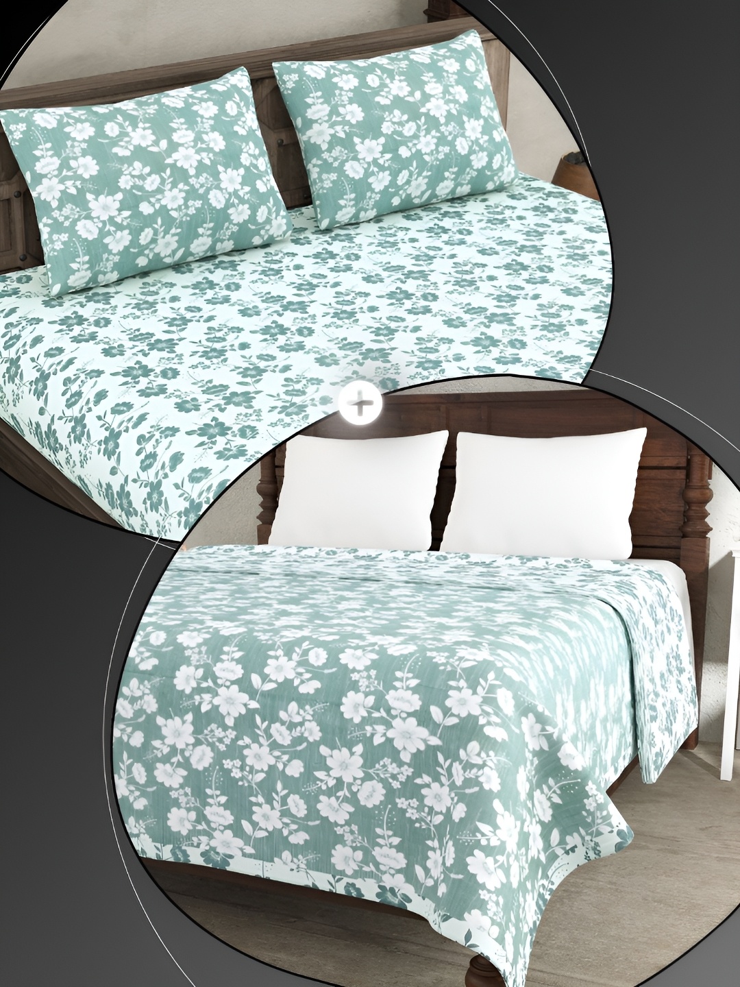 

JAIPUR FABRIC White & Green Floral Cotton 4 Piece Double King Fine Bedding Set