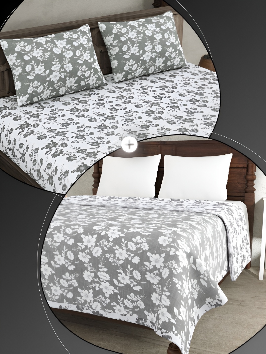 

JAIPUR FABRIC White & Grey Floral Cotton 4 Piece Double King Fine Bedding Set