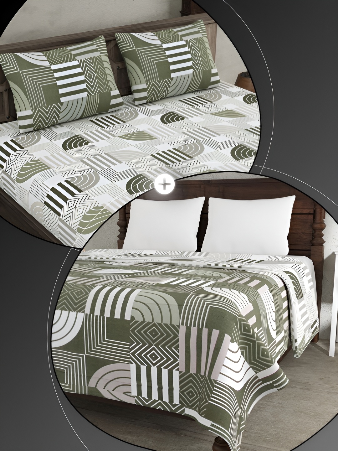

JAIPUR FABRIC White & Green Geometric Cotton 4 Piece Double King Fine Bedding Set