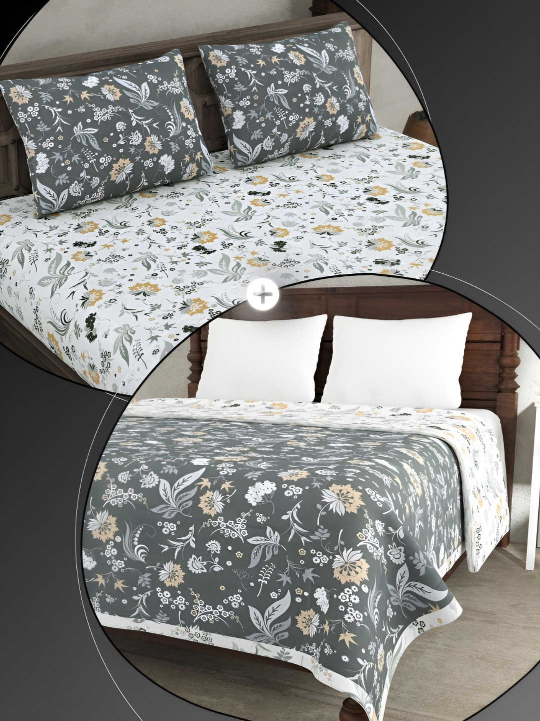 

JAIPUR FABRIC White & Grey Floral Cotton 4 Piece Double King Fine Bedding Set