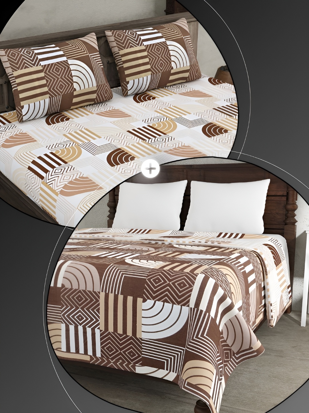 

JAIPUR FABRIC White & Brown Geometric Cotton 4 Piece Double King Fine Bedding Set